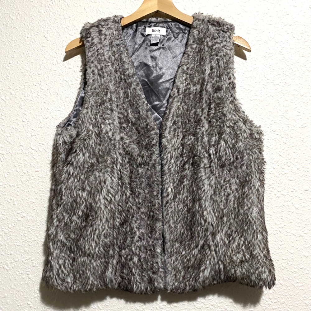 iKnit Women Faux Fur Vest Gray V‎ Neck Sleeveless Vest Size S mobcore Y2K